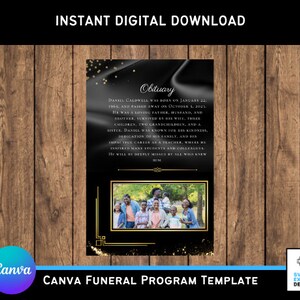 Editable Canva Funeral Program Template, Black and Gold Memorial ...