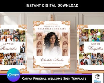 Elegante Beerdigung Willkommen Schild Vorlage: Peach Foto Display (Canva, 16x20/24 x 36 in Digital Download