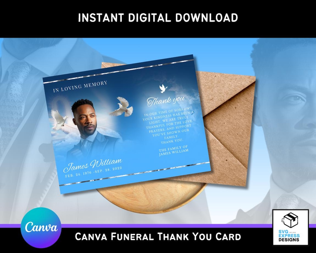 Sky Blue Funeral Thank You Card Template: Editable Canva Design ...