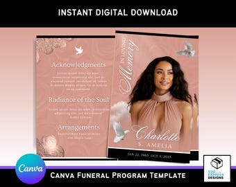 Rose Gold Canva Funeral Program Template – Elegant Bi-Fold Brochure (11x8.5 in) with White Doves
