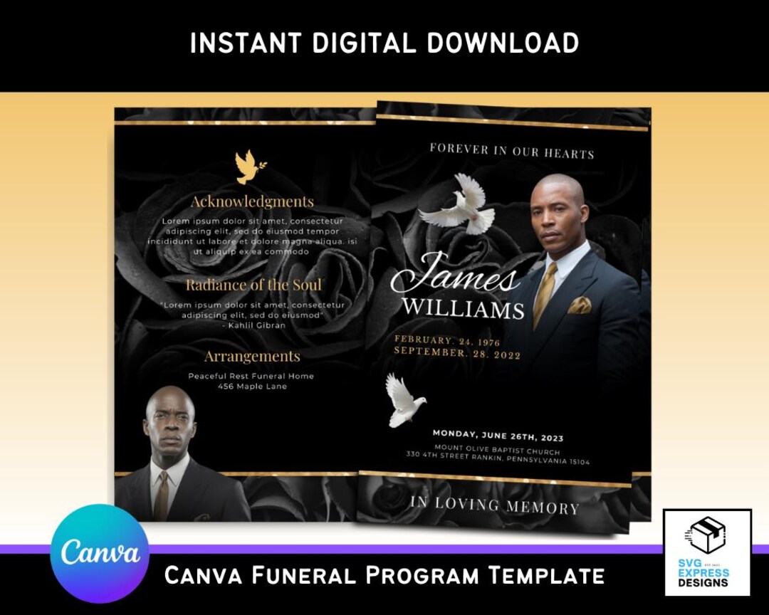 Black and Gold Roses Canva Funeral Program Template – Elegant Bi-fold ...