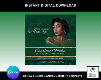 Green Forest Funeral Announcement & Invitation | Digital Memorial Flyer, Obituary, Celebration of Life | Canva Template