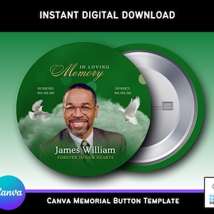 Plantilla de botón conmemorativo verde esmeralda editable / Canva RIP Keepsake / Diseño de botón funerario digital 3x3