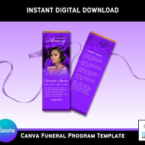 Canva用バイオレットパープルローズ葬儀ブックマークテンプレート – エレガントなメモリアル記念品 | 人生の記念品 | 2.75インチ x 8インチ印刷可能