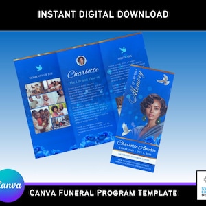 Szablon programu pogrzebowego Deep Blue Cloud Canva – Elegancka broszura składana na trzy części (11x8,5 cala) z różami