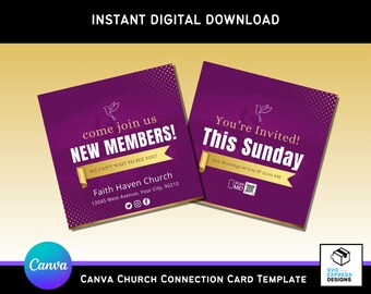Violet Purple and Gold Canva Church Invite Card Template | 5x5 Invite Card | Connect Card Canva Template