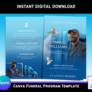 Peut inclure: Un modèle de programme funéraire numérique avec un fond dégradé bleu. Le design comprend une photo d'un homme, des colombes et le texte "Forever in Our Hearts". Le modèle comprend le texte "Instant Digital Download" et "Canva Funeral Program Template".