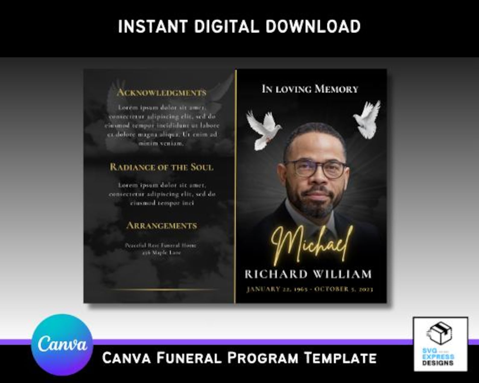 Classic Black & Gold Canva Funeral Program Template – Elegant Bi-fold ...