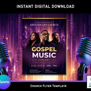 May include: A digital flyer template for a Gospel Music Concert featuring a purple city skyline background and two microphones. The text reads: Greater Life Church, Gospel Music Concert, June 28th at 5pm-7pm, 110 Grace Road, Pastor Michael Thomas.