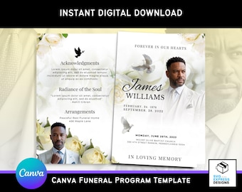 Elegant Funeral Program Template: White Roses, Black Dove (Canva, 11x8.5 Bi-Fold, Digital Download
