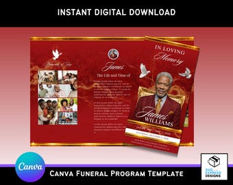 Red Marble & Gold Canva Funeral Program Template  – Elegant Trifold Brochure (17 x 11 in) with Roses