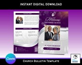 Editable Church Bulletin Template: Modern Purple & Silver Bifold Program (Canva, Digital Download)