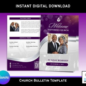 May include: A digital church bulletin template with a purple and white design. The bulletin includes the text "Welcome Faithrise Church", "Sunday Worship", and service times. The template also features photos of two people and the text "Instant Digital Download".