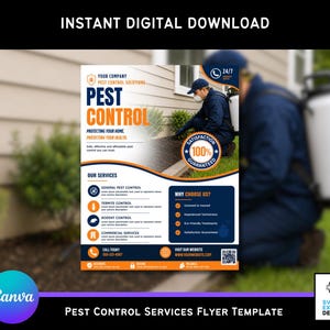 May include: A digital flyer template for pest control services featuring blue and orange text and graphics. The flyer includes sections for company name, services, and contact information, with a 100% satisfaction guarantee badge.