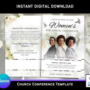 Sjabloon Canva-conferentieprogramma voor vrouwenkerk | Bewerkbare brochure religieuze evenementen witte en zwarte rozen | 11 x 8,5 dubbelgevouwen | Ontwerp met 4 pagina's
