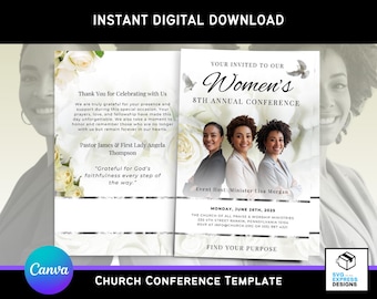 Women&#39;s Church Conference Program Template: White Roses, Editable Bi-Fold (Canva, 11x8.5, Digital Download)