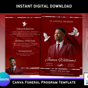 May include: A digital funeral program template with a burgundy background. The design includes a photo of a man in a suit, doves, and text that reads "In Loving Memory" and "James Williams". The template is available for instant download.