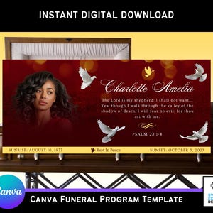 May include: A digital funeral program template with a portrait of a woman, the name "Charlotte Amelia", and a Bible verse. White doves and a gold dove are featured on a burgundy background. The template includes dates and the text "Rest In Peace".