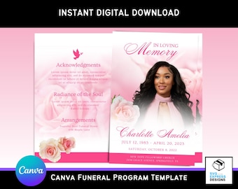 Pink Roses Canva Funeral Program Template  – Elegant Bi-Fold Brochure (11x8.5 in) with Pink Dove