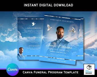Sjabloon hemelsblauwe Stairway to Heaven Canva-begrafenisprogramma – elegante dubbelgevouwen brochure (17 x 11 inch) met duiven