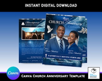 May include: A digital download template for a church anniversary celebration. The design features a blue background with images of a couple, doves, and the text "10th Church Anniversary Celebration." The template includes the text "Instant Digital Download" and "Canva Church Anniversary Template."