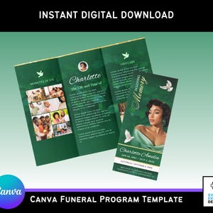 May include: Green and gold funeral program template with a photo of a woman and the text "In Loving Memory" and "Charlotte Amelia".