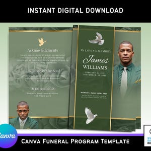 May include: A digital funeral program template with a green and gold color scheme. The design includes images of doves, a photo of a man, and the text "In Loving Memory James Williams". The template is labeled "Instant Digital Download" and "Canva Funeral Program Template".