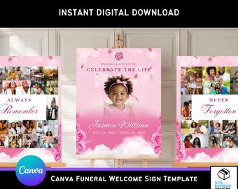 Letrero rosa de bienvenida para funeral de niña: Elegante presentación fotográfica (Plantilla de Canva - 40,6 x 51,2 cm/61 x 91,4 cm)