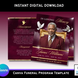 Puede incluir: Plantilla digital de programa fúnebre con diseño burdeos y dorado. Incluye una foto de James Williams, fechas y el texto "Forever in Our Hearts". Disponible para descarga instantánea.