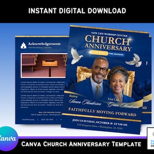 May include: A digital download template for a church anniversary event. The design features a navy blue and gold color scheme with images of doves, a couple, and text that reads "Church Anniversary" and "Join us Sunday, October 30 at 9:30 AM."