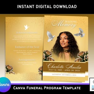 Modelo de programa funerário Gold Canva – Brochura elegante com dobra dupla (11 x 8,5 pol.) com pomba branca