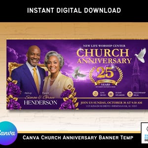 May include: A digital banner template for a 25th church anniversary featuring a purple background with gold text, a portrait of a man and woman, white doves, and purple roses. Text includes New Life Worship Center, Church Anniversary, and event details.