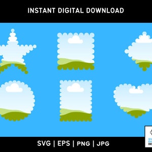 Puede incluir: Seis diseños diferentes de sellos digitales que presentan un cielo azul con nubes blancas, hierba verde y una colina. Los diseños son una estrella, un cuadrado, un círculo, un corazón y dos rectángulos diferentes.