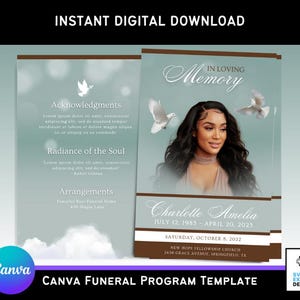 May include: A blue and brown funeral programme template with a photo of a woman and doves. The text reads "In Loving Memory", "Charlotte Amelia", "July 12, 1955 - April 20, 2023", "Saturday, October 8, 2022", "New Hope Fellowship Church", "2456 Grace Avenue, Springfield, TX", and "Canva Funeral Programme Template".