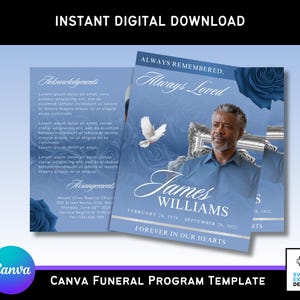 Op de afbeelding: Een digitaal downloadbare sjabloon voor een begrafenisprogramma. Het ontwerp toont een portret van James Williams, met de tekst "Always Remembered, Always Loved" en "Forever in Our Hearts". Het programma heeft een blauwe bloemenachtergrond.
