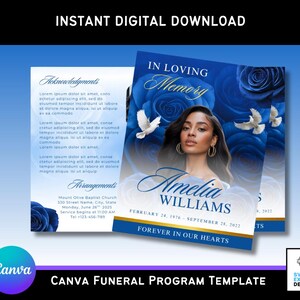 Op de afbeelding: Een digitaal begrafenisprogramma sjabloon met een blauw bloemmotief. Het programma bevat een portret van een vrouw, de tekst "In Loving Memory" en de naam "Amelia Williams". Extra tekst bevat data en de zin "Forever in Our Hearts."