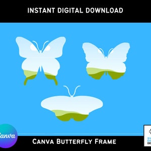 May include: Three white butterfly silhouettes with green accents on a blue background. The butterflies are arranged in a triangular pattern. The text "Canva Butterfly Frame" is at the bottom of the image.