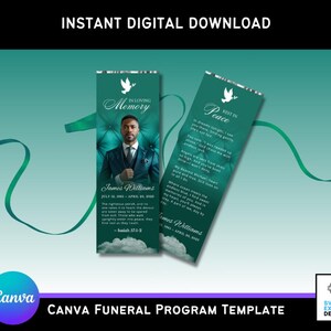 Può includere: Modello di programma funebre Canva scaricabile digitalmente. Il design presenta uno schema di colori verde acqua e bianco con i testi "In Loving Memory" e "Rest in Peace". Include una foto di un uomo e il nome "James Williams".