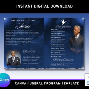 Op de afbeelding: Een digitaal Canva-begrafenisprogrammasjabloon met een blauw en wit ontwerp. De sjabloon bevat ruimte voor tekst, foto's en een volgorde van de dienst. De tekst bevat de woorden "The Life & Legacy of James" en "Instant Digital Download."