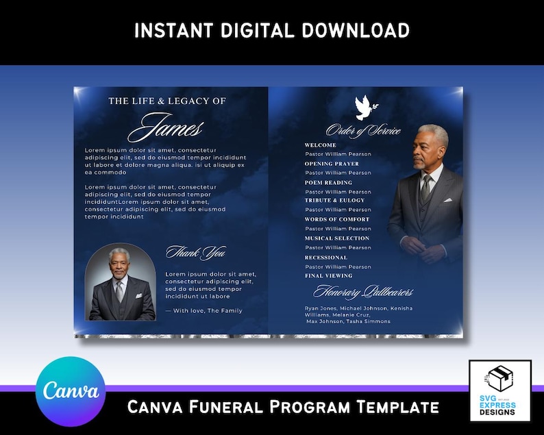 Op de afbeelding: Een digitaal Canva-begrafenisprogrammasjabloon met een blauw en wit ontwerp. De sjabloon bevat ruimte voor tekst, foto's en een volgorde van de dienst. De tekst bevat de woorden "The Life & Legacy of James" en "Instant Digital Download."