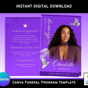 Pode incluir: Um modelo digital de programa fúnebre em tons de roxo, com uma foto de uma mulher e texto. O texto inclui "In Loving Memory", "Charlotte S. Amelia" e datas. O design também inclui ilustrações de pombas e as palavras "Download digital instantâneo".