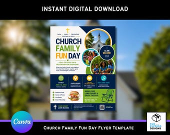 Flyer sjabloon voor een gezellige familiedag van de kerk, Flyer voor een leuke kerkdag, Flyer voor een familiedag, Bewerkbare Canva kerkflyer, Flyer voor een kerkelijk evenement
