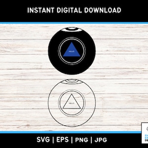Puede incluir: Bola de billar negra y blanca con un triángulo azul y la palabra "HELLO" en su interior. La bola de billar está sobre un fondo de madera.