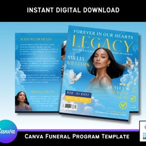 Pode incluir: Um modelo digital para um programa fúnebre. O design apresenta um retrato de mulher, pombas e as palavras "Forever in Our Hearts" e "Legacy" sobre um fundo de céu azul. O modelo é para Canva.