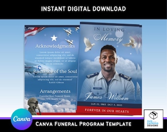 Airman's Tribute Air Force Canva Funeral Program Template – Elegant Bi-Fold Brochure (11x8.5 in) with White Doves