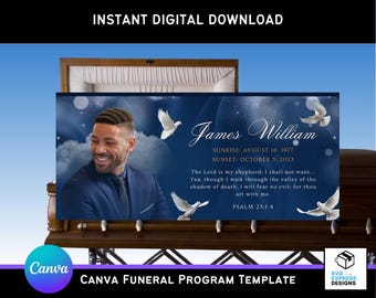 Navy Blue Funeral Casket Panel Canva Template | 31x14 in Editable Memorial Insert | Celebration of Life Design