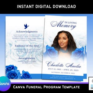 Szablon programu pogrzebowego Blue Roses Canva – Elegancka broszura składana na pół (11x8,5 cala) z różami