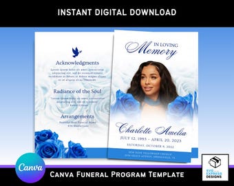 Blue Roses Canva Funeral Program Template - Elegante, zweifach gefaltete Broschüre (30x22 cm) mit Rosen