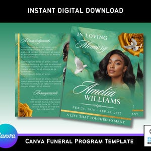 Könnte beinhalten: Eine digitale Trauerprogrammvorlage mit einem Design aus türkis- und goldfarbenem Marmor. Das Programm enthält den Text "In Loving Memory" und den Namen "Amelia Williams". Es zeigt auch ein Foto einer Frau, Tauben und eine Rose.