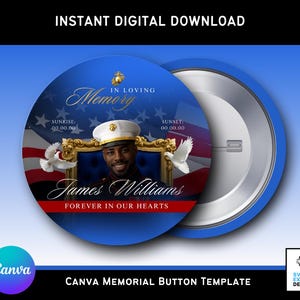 Editable Marine Memorial Button Template | Canva RIP Keepsake | 3x3 Digital Funeral Button Design